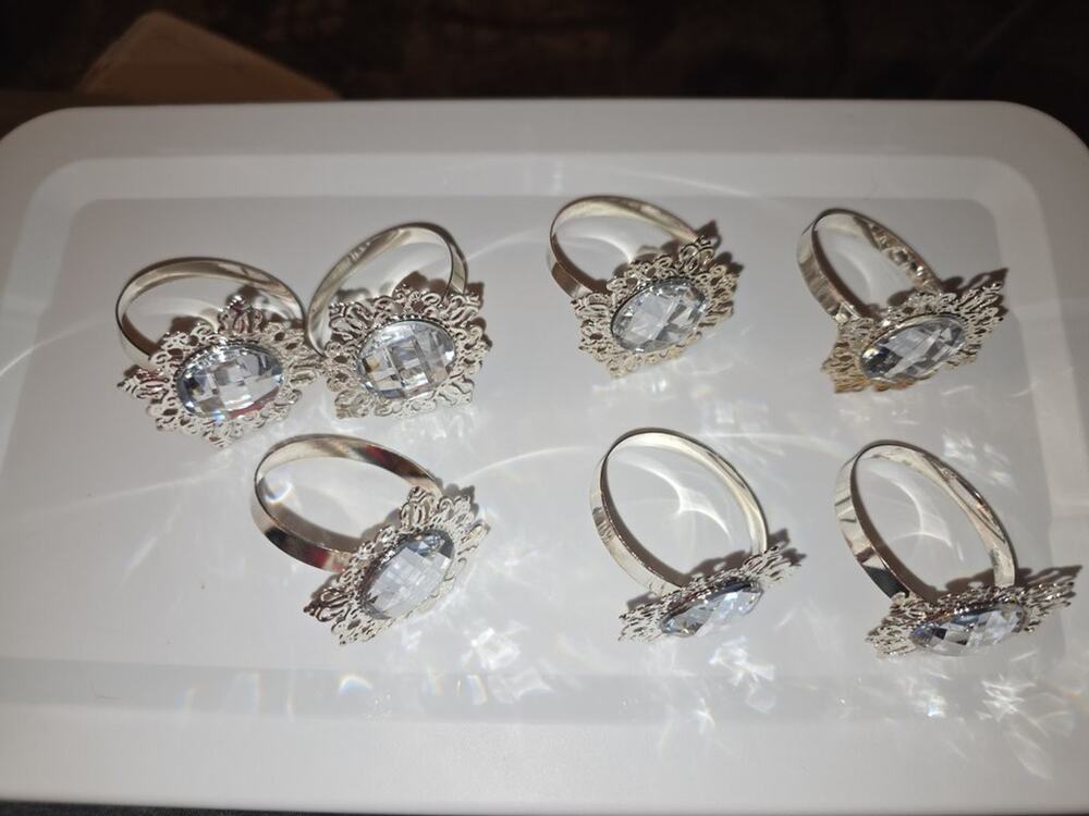 Set of Vintage Silver Tone Napkin Rings with Clear Gem Accents